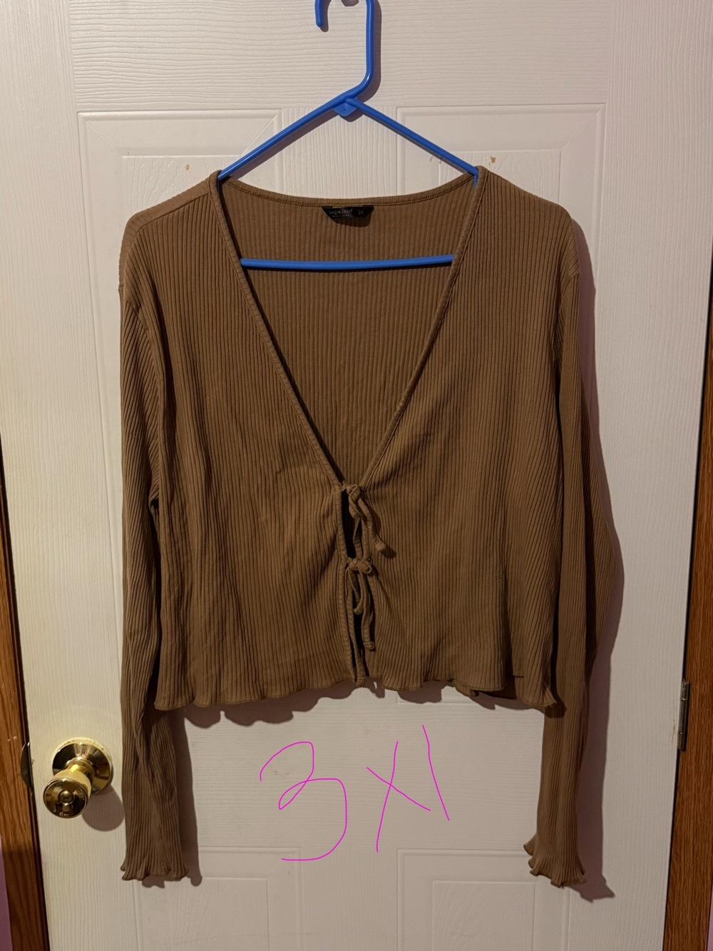 SHEIN Brown Ribbed Tie-Front V-Neck Long Sleeve Top